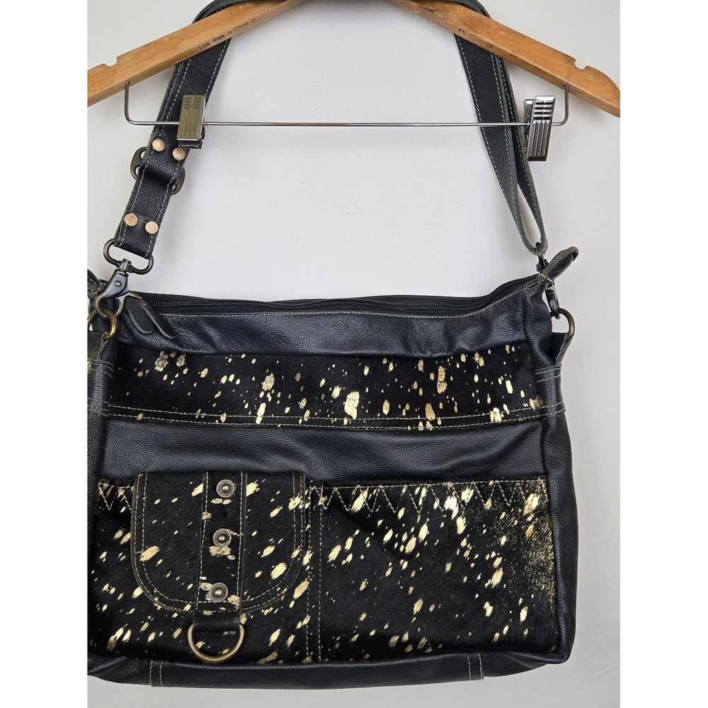 Myra Bag Black and Gold Shimmer Cowhide Bag Tote